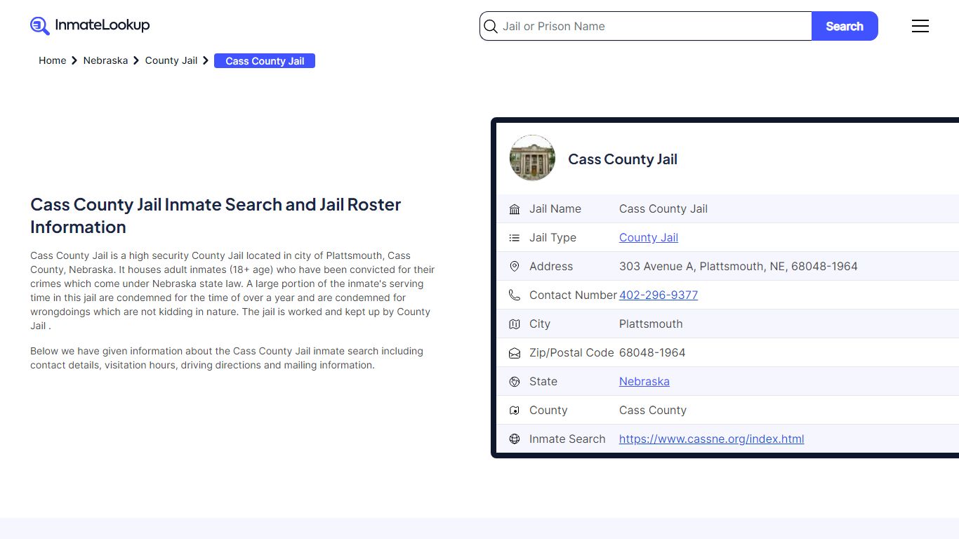 Cass County Jail (NE) Inmate Search Nebraska - Inmate Lookup